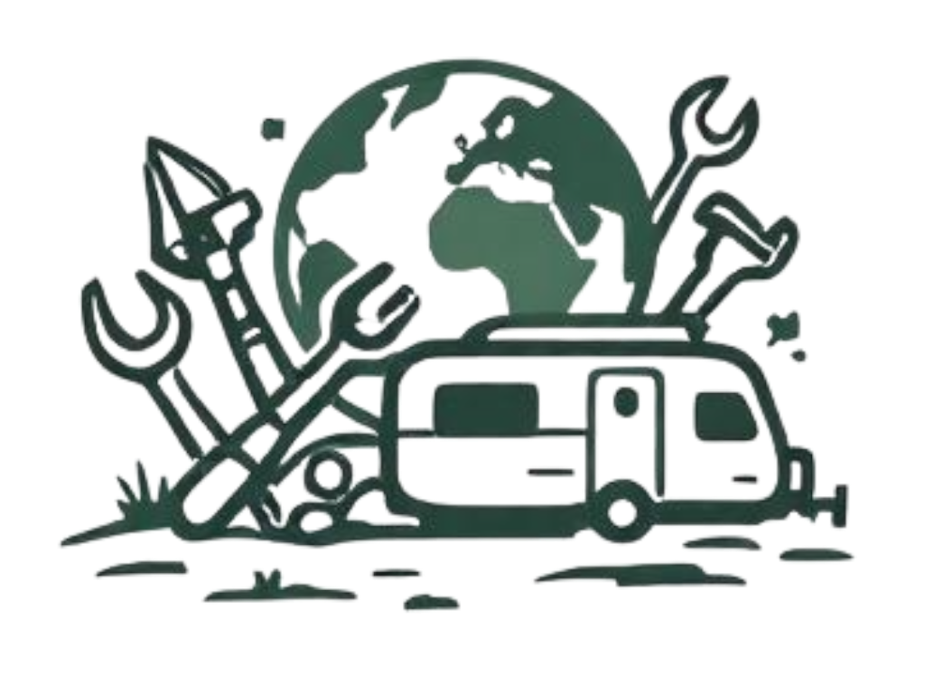 A logo featuring a van with a globe on top, tools like a wrench and screwdriver, a paintbrush, a pencil, and a gear, symbolizing repair, maintenance, and global service.
