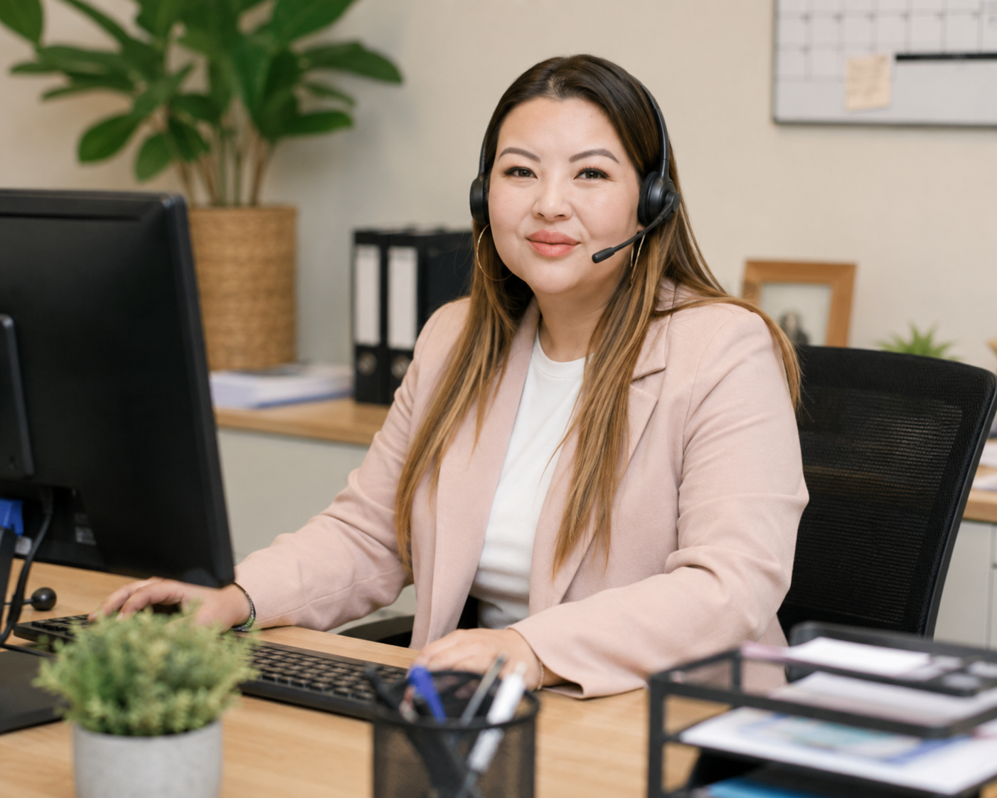 A woman with long brown hair wearing a beige blazer and headset, sitting at a desk with a computer in an office.
