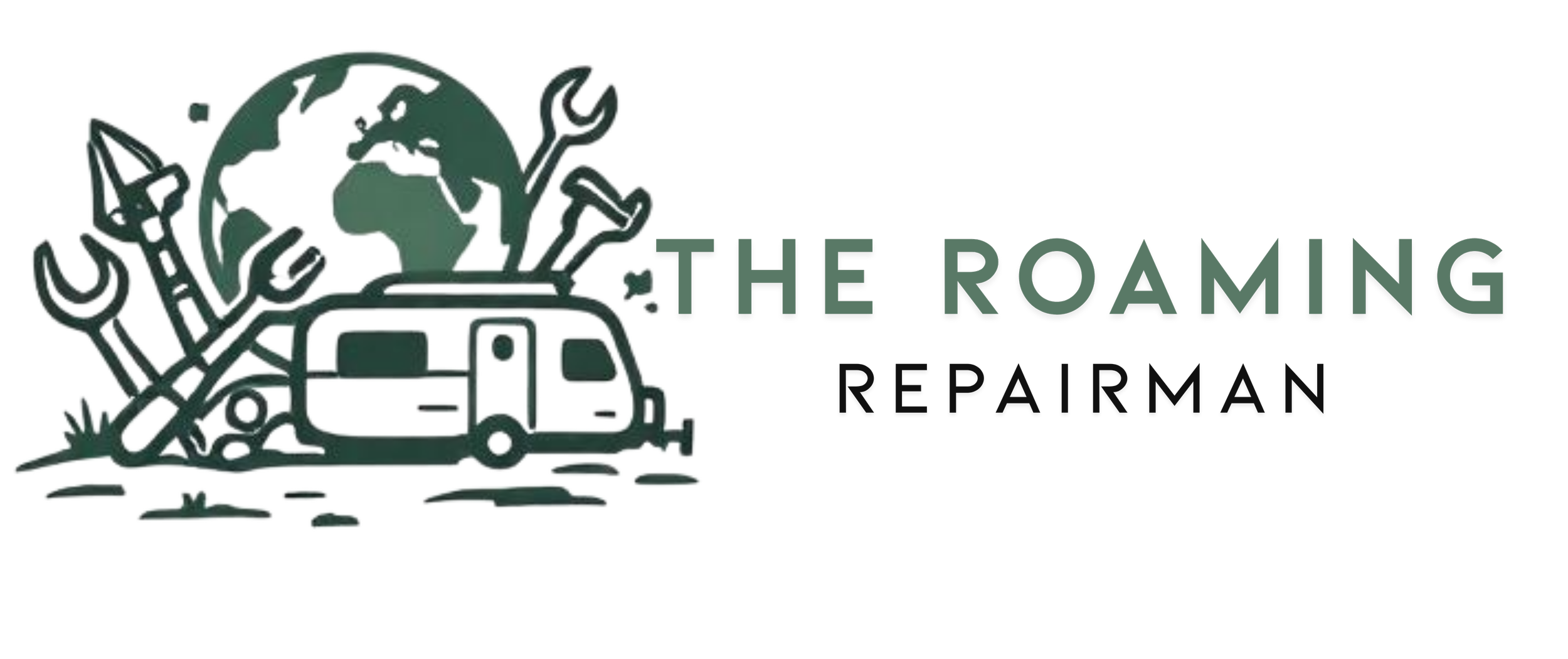 Logo of The Roaming Repairman, featuring a caravans, surrounded by tools, holding a wrench and a fork, with the text The Roaming Repairman.