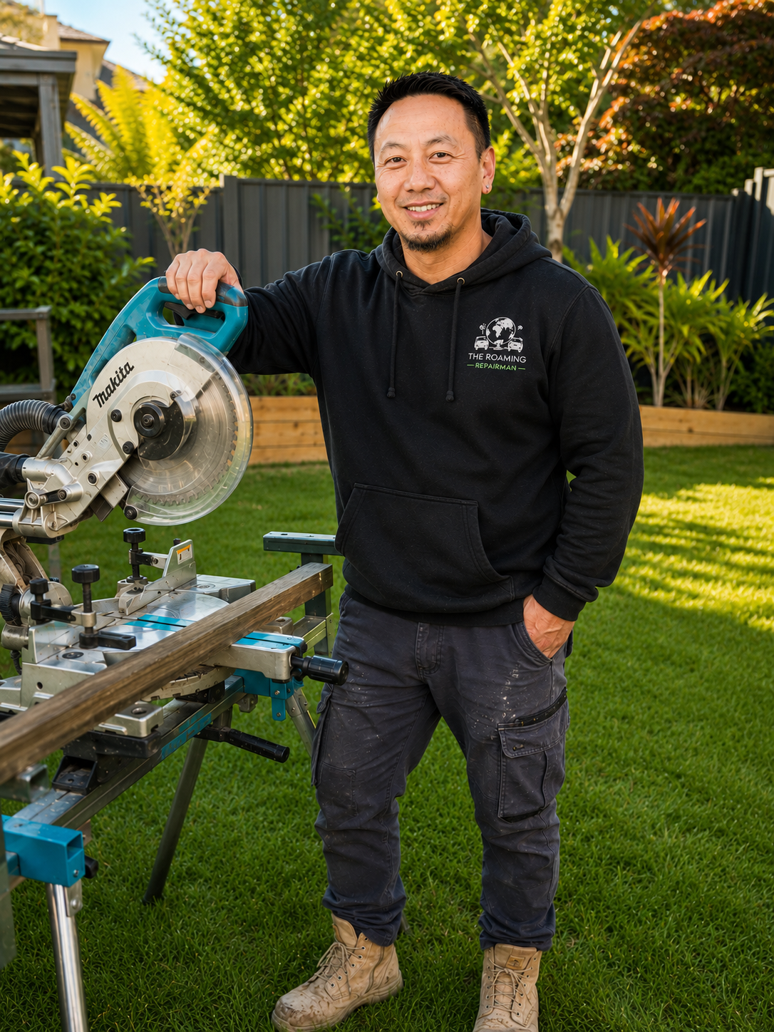 A man smiling outdoors, wearing a black hoodie with a logo, standing next to a miter saw on a workbench in a backyard garden with trees and a fence.