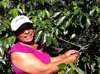 A woman smiling and holding a branch in a lush, green outdoor setting, wearing a white hat and a purple top.
