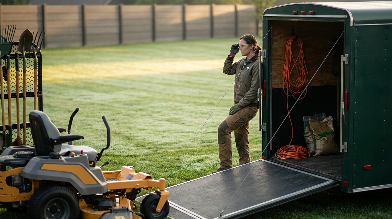 A woman wearing protective glasses and gloves standing outside a green utility trailer attached to a riding lawn mower, with a ramp connecting the trailer to the ground.