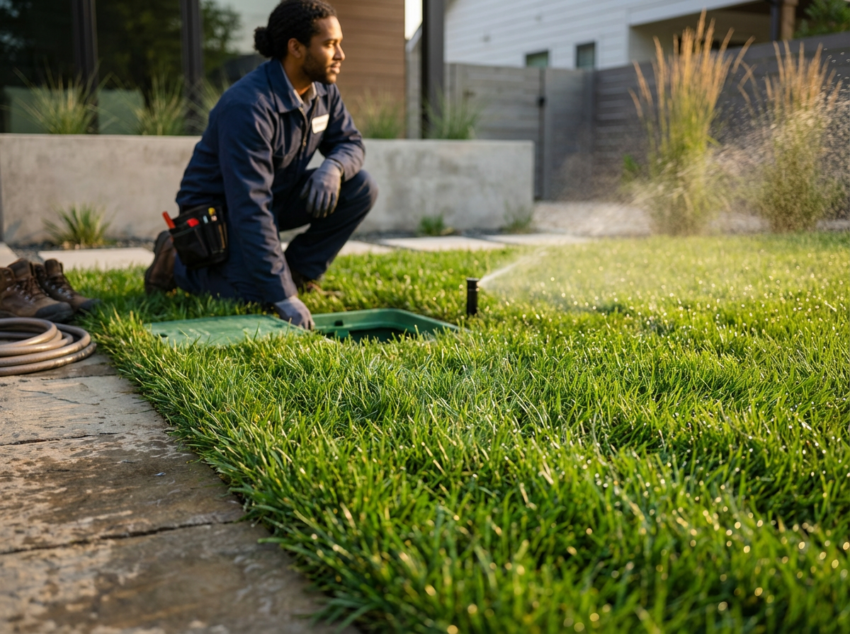 A man kneeling on a lawn, checking a sprinkler system in a backyard during daylight, with gardening tools and shoes nearby.