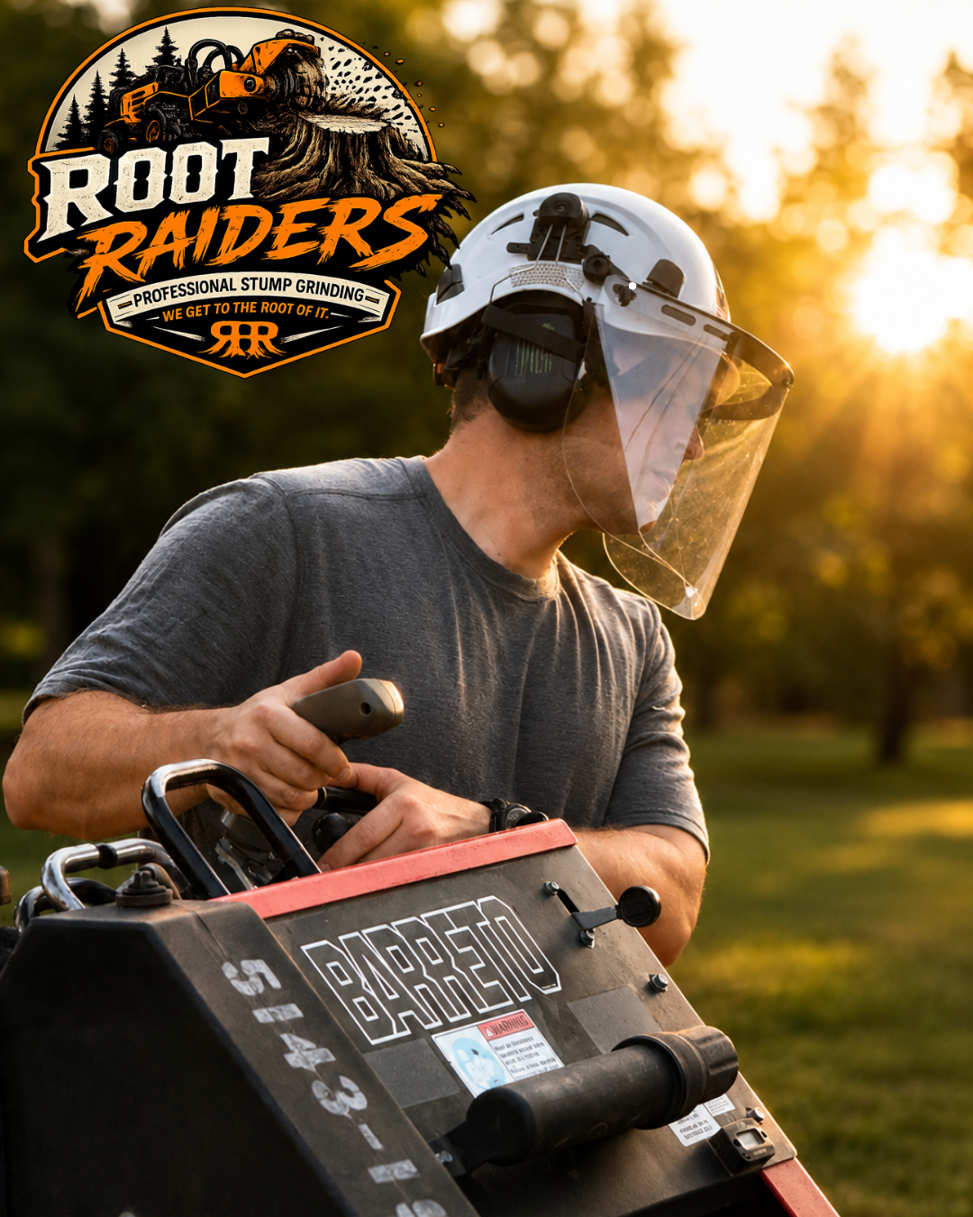 Professional stump grinding operator using a stump grinder with full safety equipment to remove a tree stump.