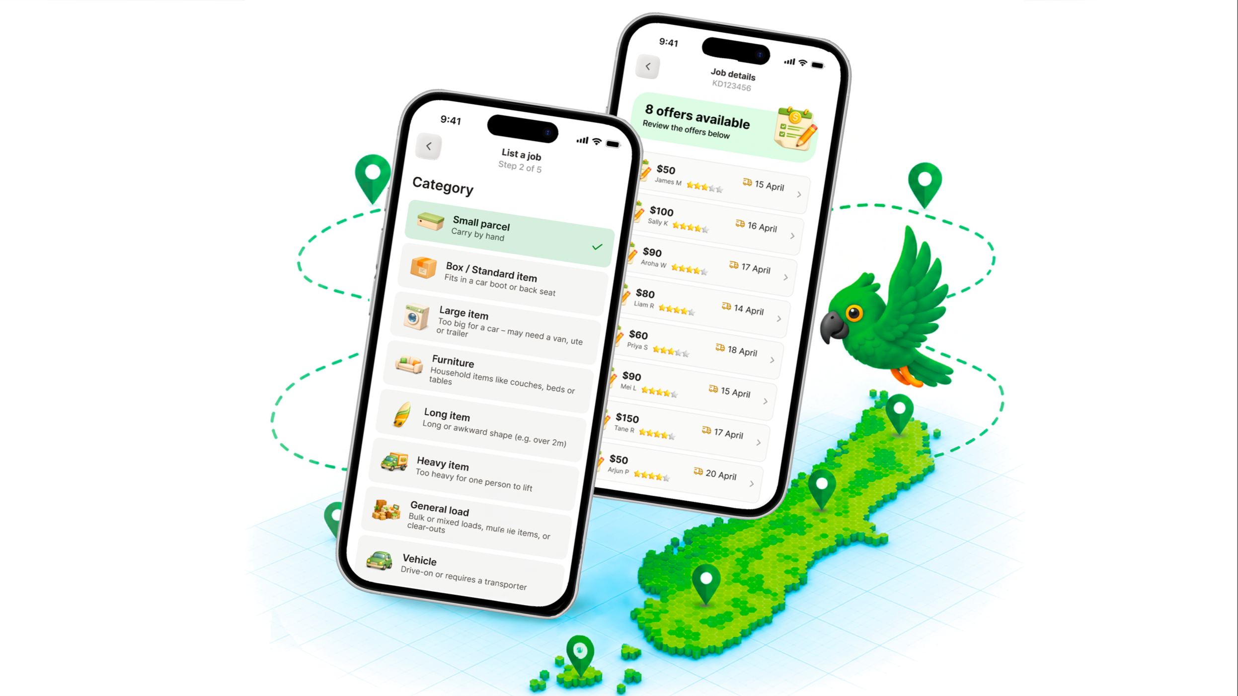Delivery app illustration showing two smartphones, parcel-size categories, job offers, location pins, a route map, and a green parrot mascot