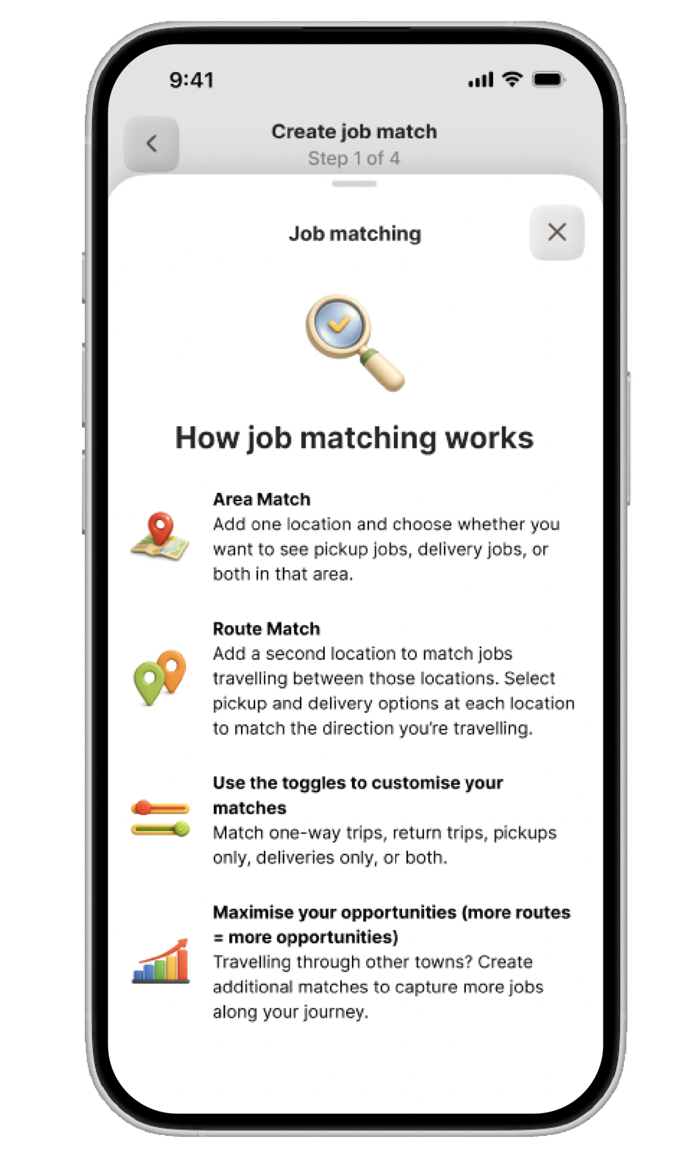 Smartphone screen showing a job matching tutorial with area match, route match, customization toggles, and opportunity maximization options.