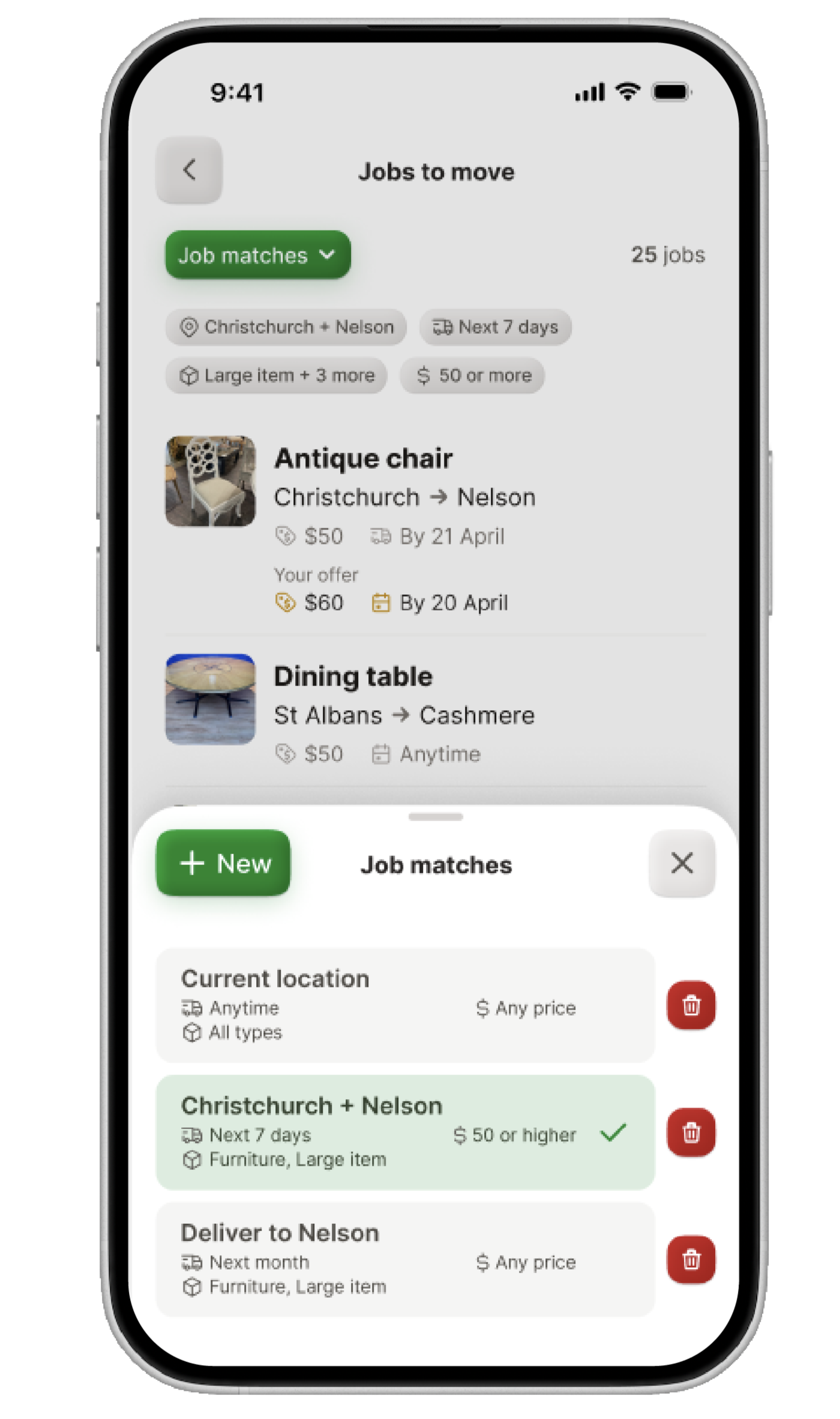 Smartphone displaying a job-matching app with furniture delivery listings and location, date, item type, and price filters.