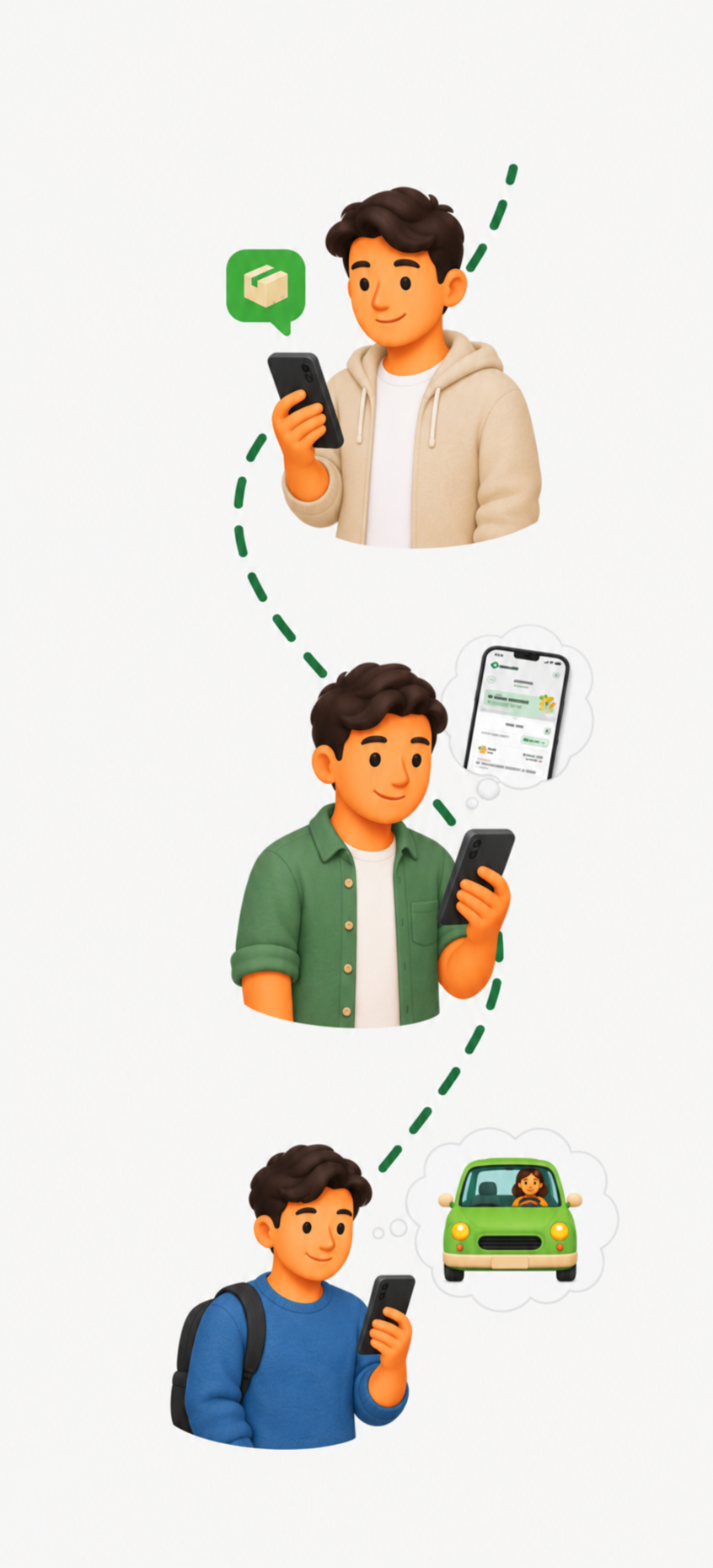 Illustration of three people using smartphones, connected by a dotted path with package delivery, messaging, and car transportation icons.