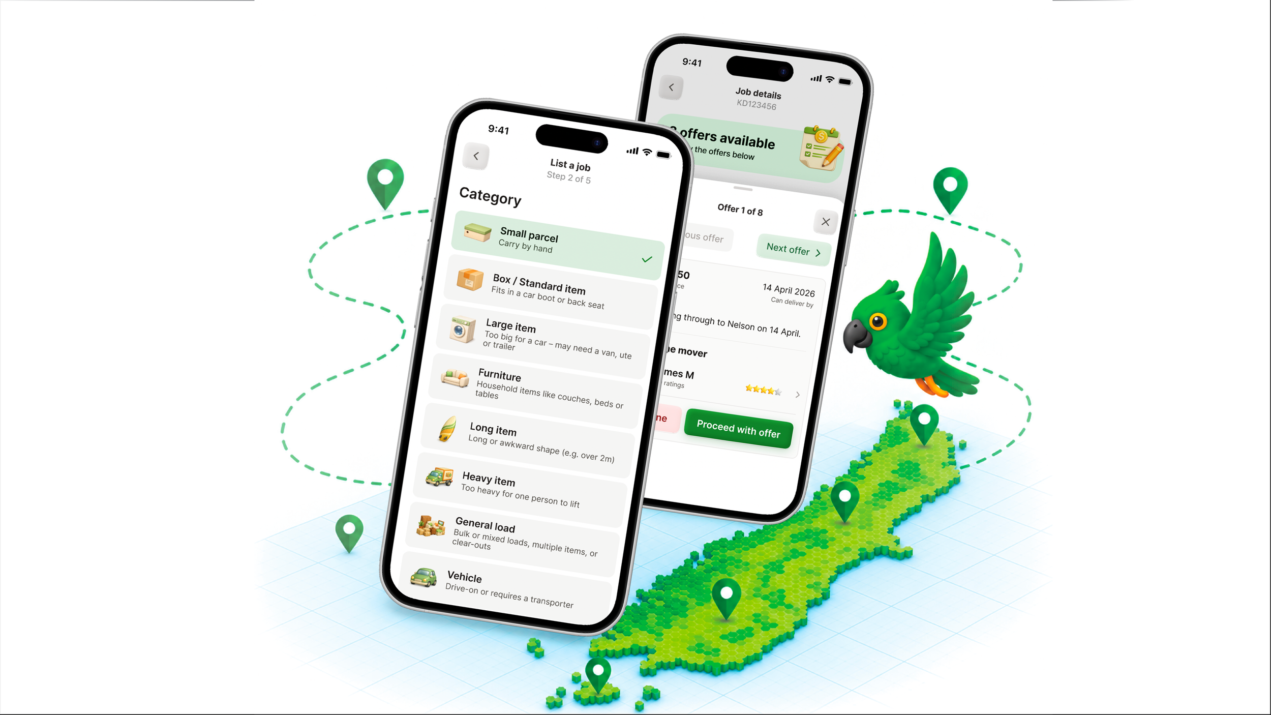 Delivery app illustration with two smartphones showing job listings and offers, location pins, a map of New Zealand, and a green parrot