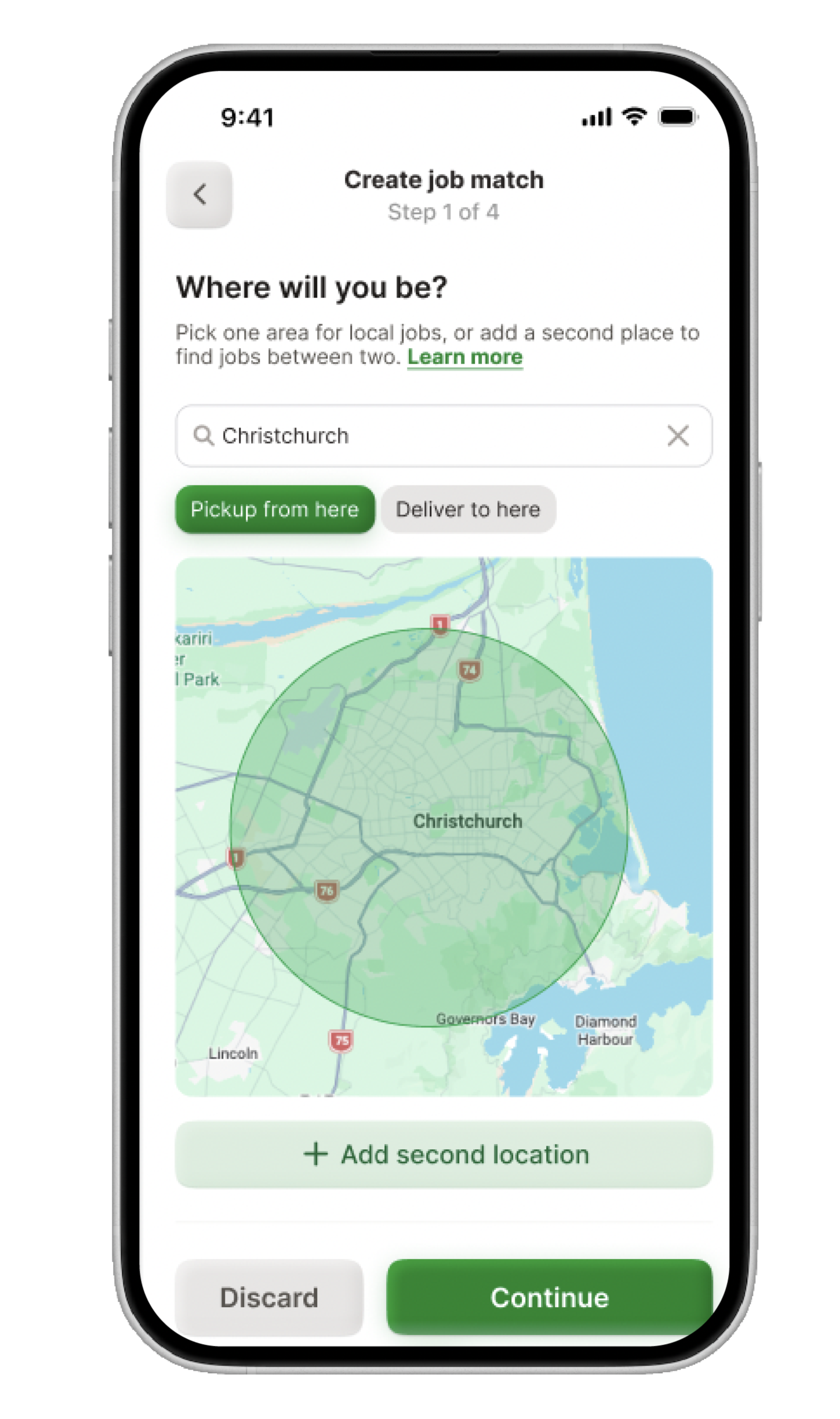 Smartphone screen showing a job-matching app set to Christchurch, with a pickup-area map, location radius, and Continue button.