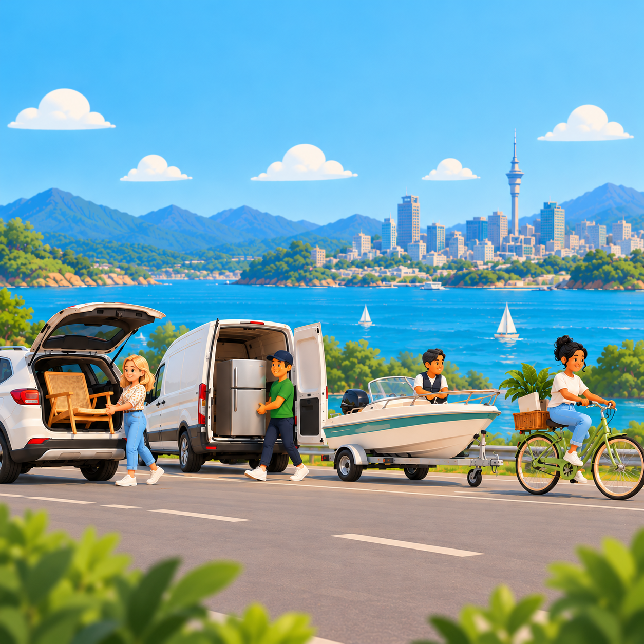 Illustrated waterfront scene with people loading a van and SUV, towing a boat, beside a cyclist and a city skyline with mountains.