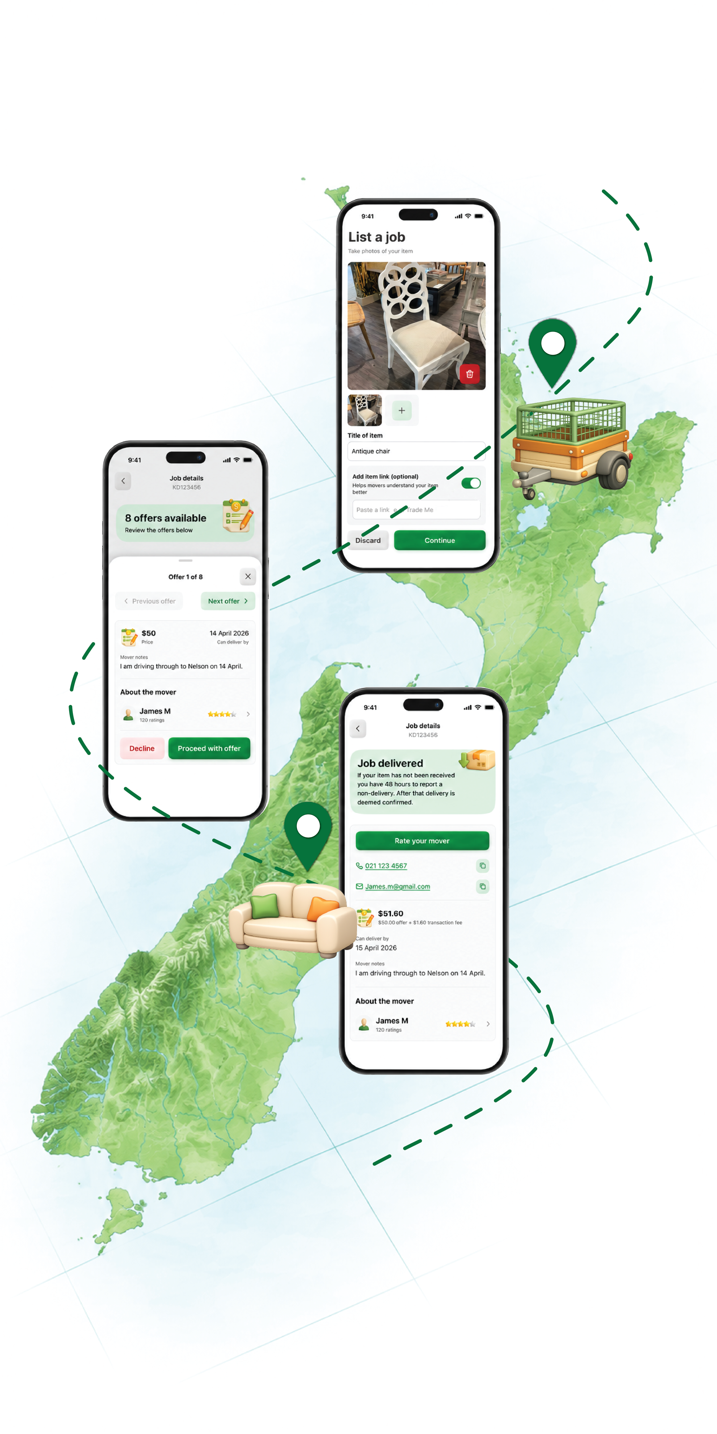 Illustration of a moving marketplace app showing item listings, mover offers, delivery tracking, phones, location pins, a trailer, and a New Zealand map.