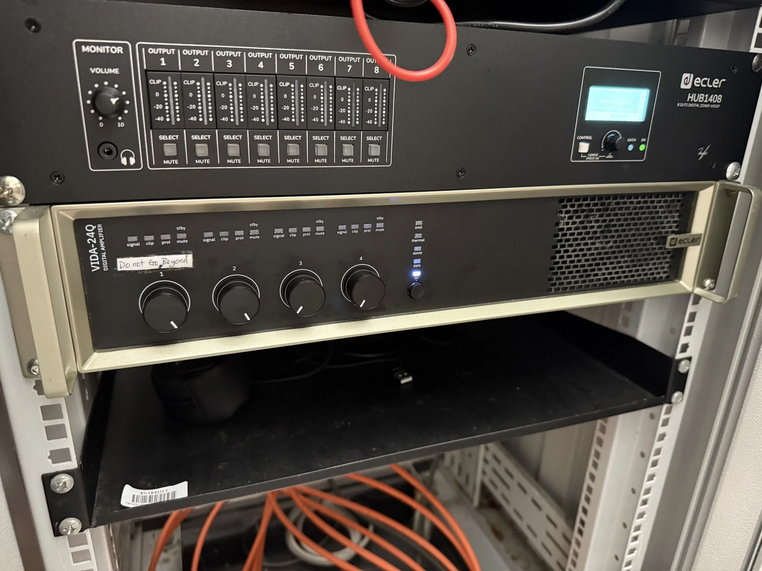 The Ecler VID-24Q digital 4-channel DSP amplifier and the HUB1408.