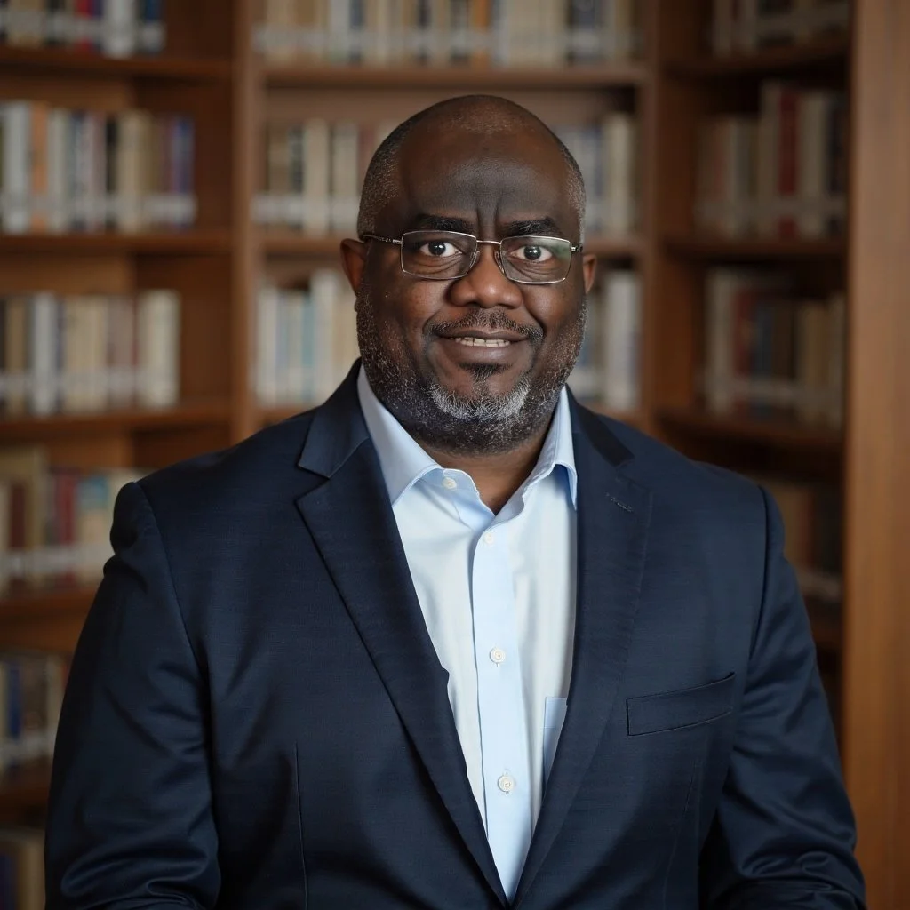 A middle-aged man with glasses, wearing a dark suit and light blue shirt, standing in front of a bookshelf filled with books, smiling at the camera.