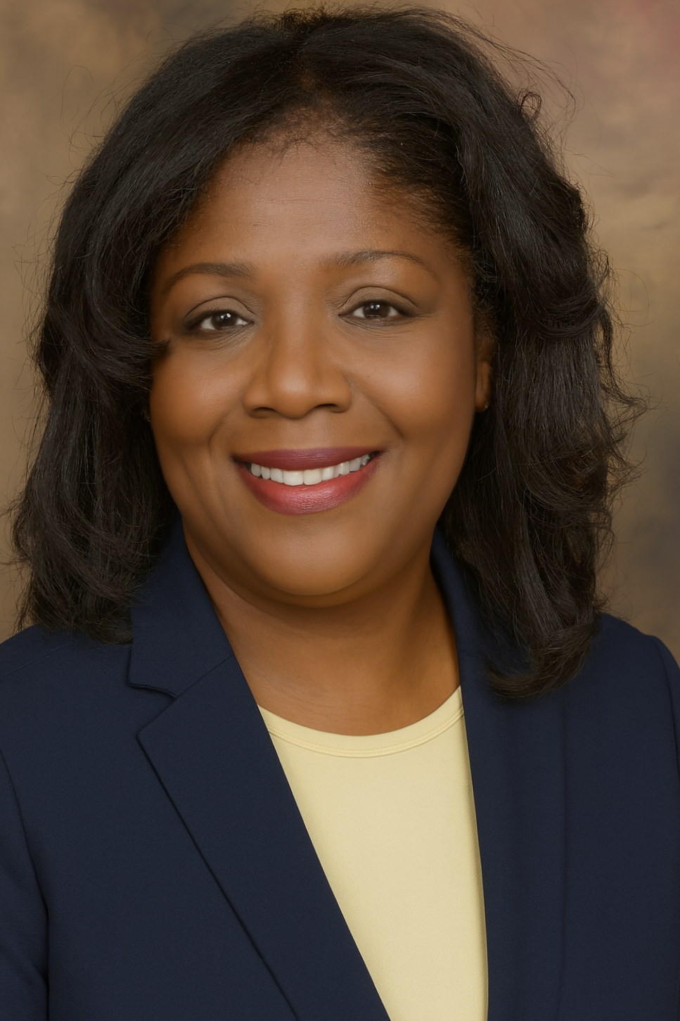 Headshot of a smiling African American woman with shoulder-length black hair, wearing a yellow top and navy blazer, against a blurred brown background.