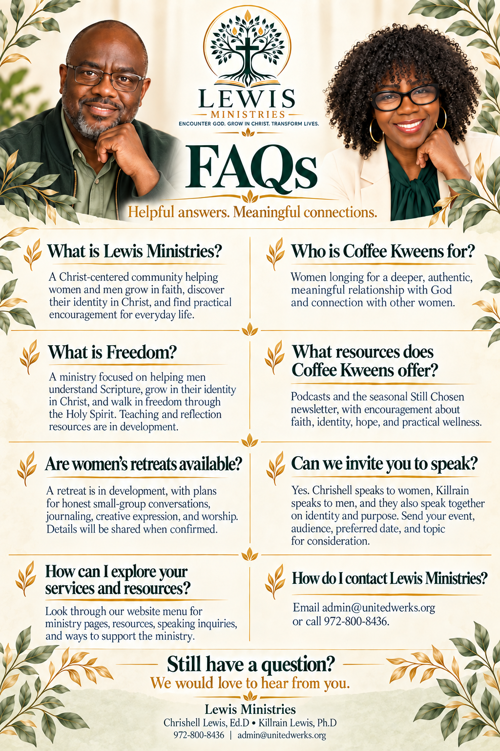 Informational poster about Lewis Ministries with pictures of a man and woman, with green and gold decorative leaves, and FAQ sections on faith, freedom, resources, retreats, speaker invitations, contact info, and encouragement to reach out.