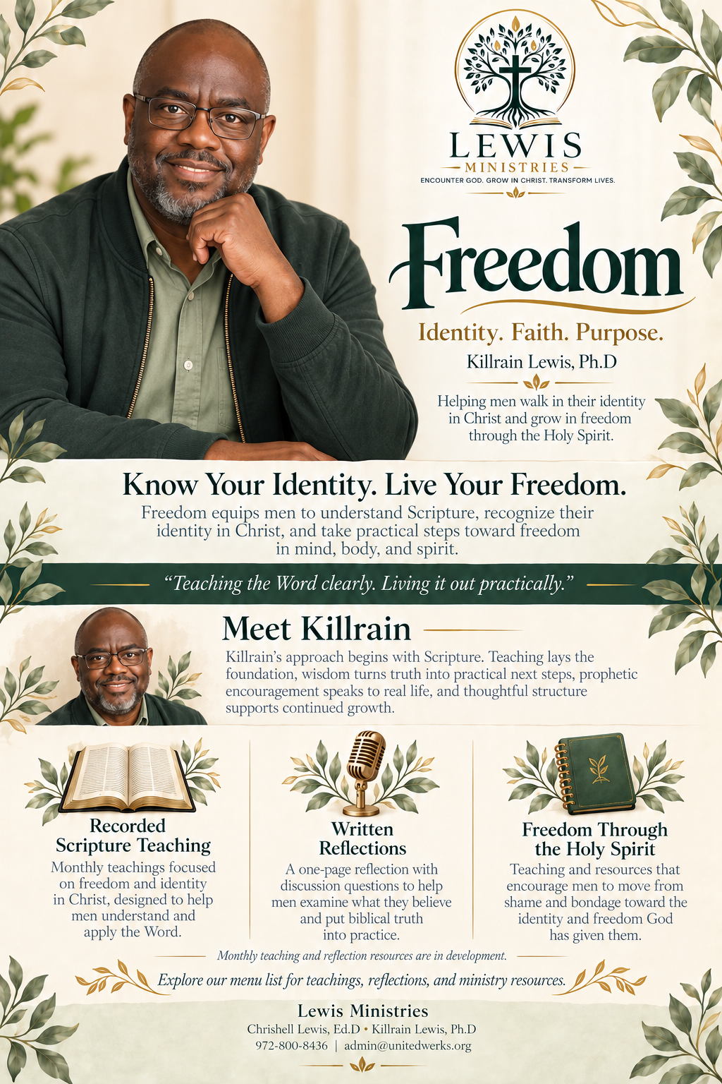 A promotional flyer for Lewis Ministries featuring a man named Killrain Lewis, Ph.D., and promoting teachings on identity, faith, and freedom in Christ.