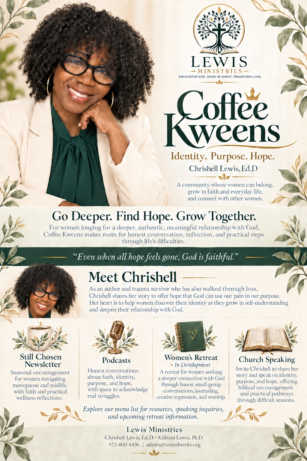 A flyer for Lewis Ministries promoting the Coffee Kweens community for women, featuring a picture of Chrissell Lewis, with information about their programs and contact details.