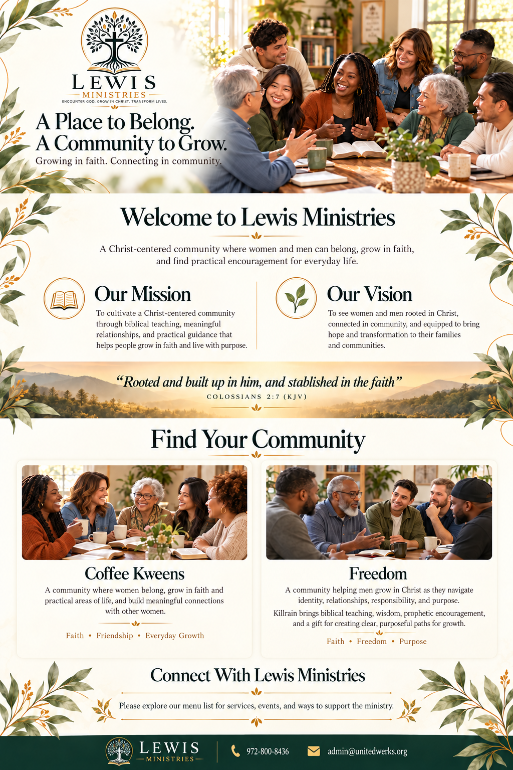 A community flyer for Lewis Ministries with photos of diverse people in a church or community space, emphasizing gathering and connection.