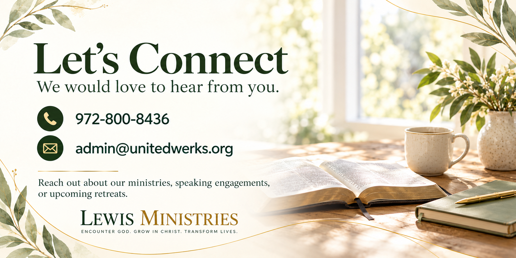 A church outreach flyer for Lewis Ministries features a background of a bright window with sunlight and greenery outside. On the table are an open Bible, a green notebook, a gold pen, a coffee mug, and a potted plant with green leaves and white flowers.