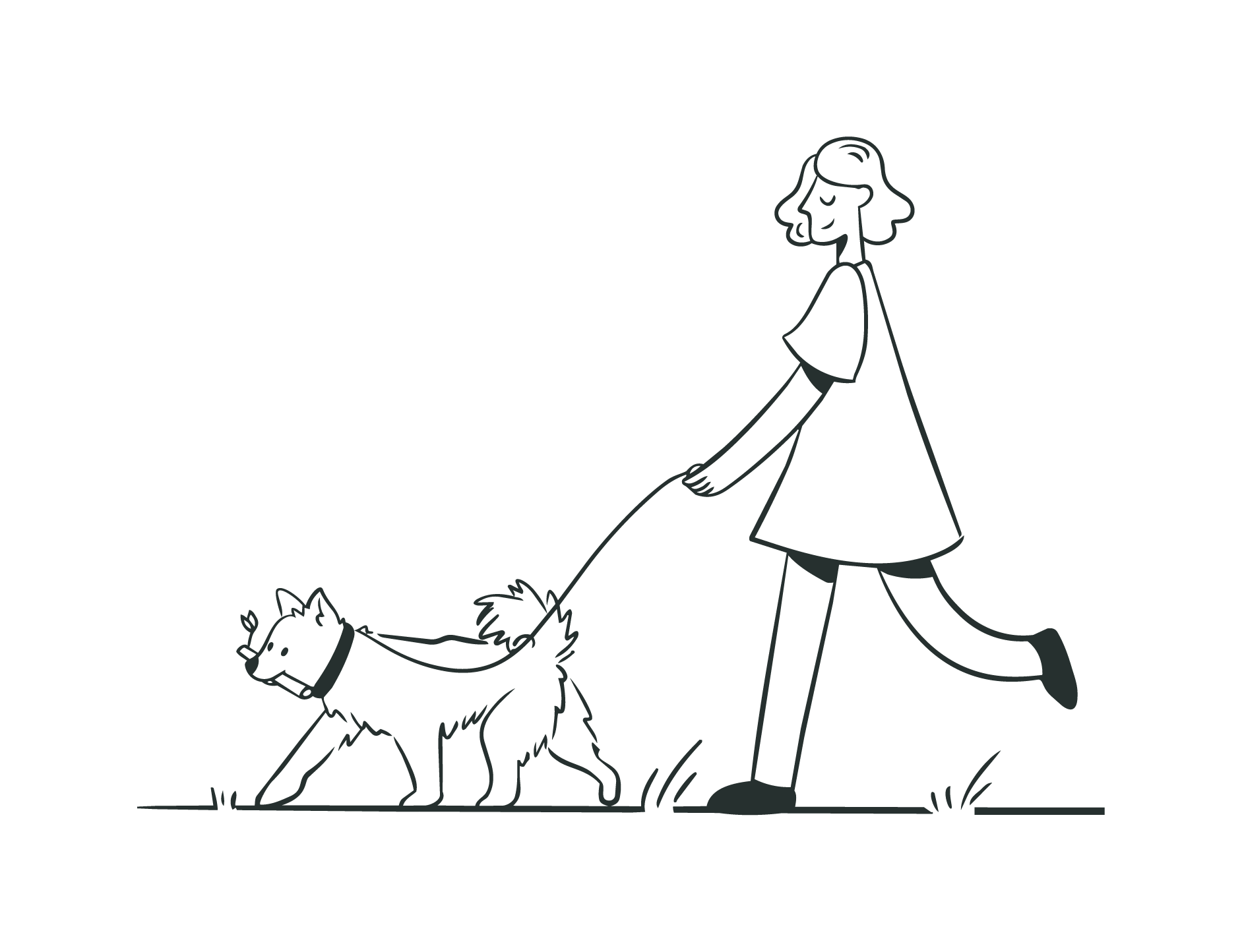 Line drawing of a girl walking her dog on a leash.