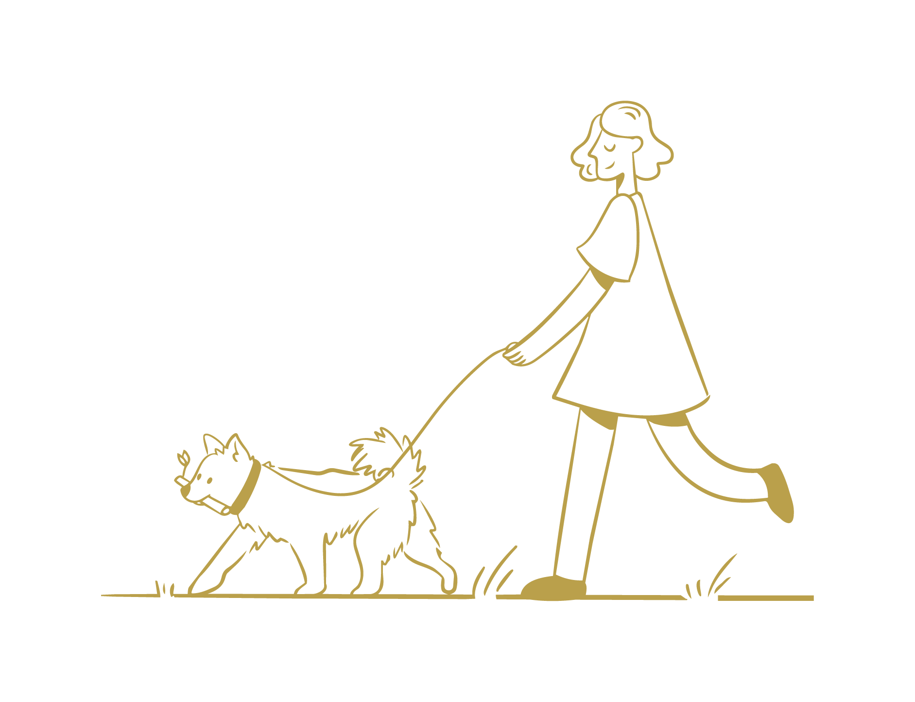 A line drawing of a person walking a dog on a leash, with the person wearing a dress and the dog looking ahead.