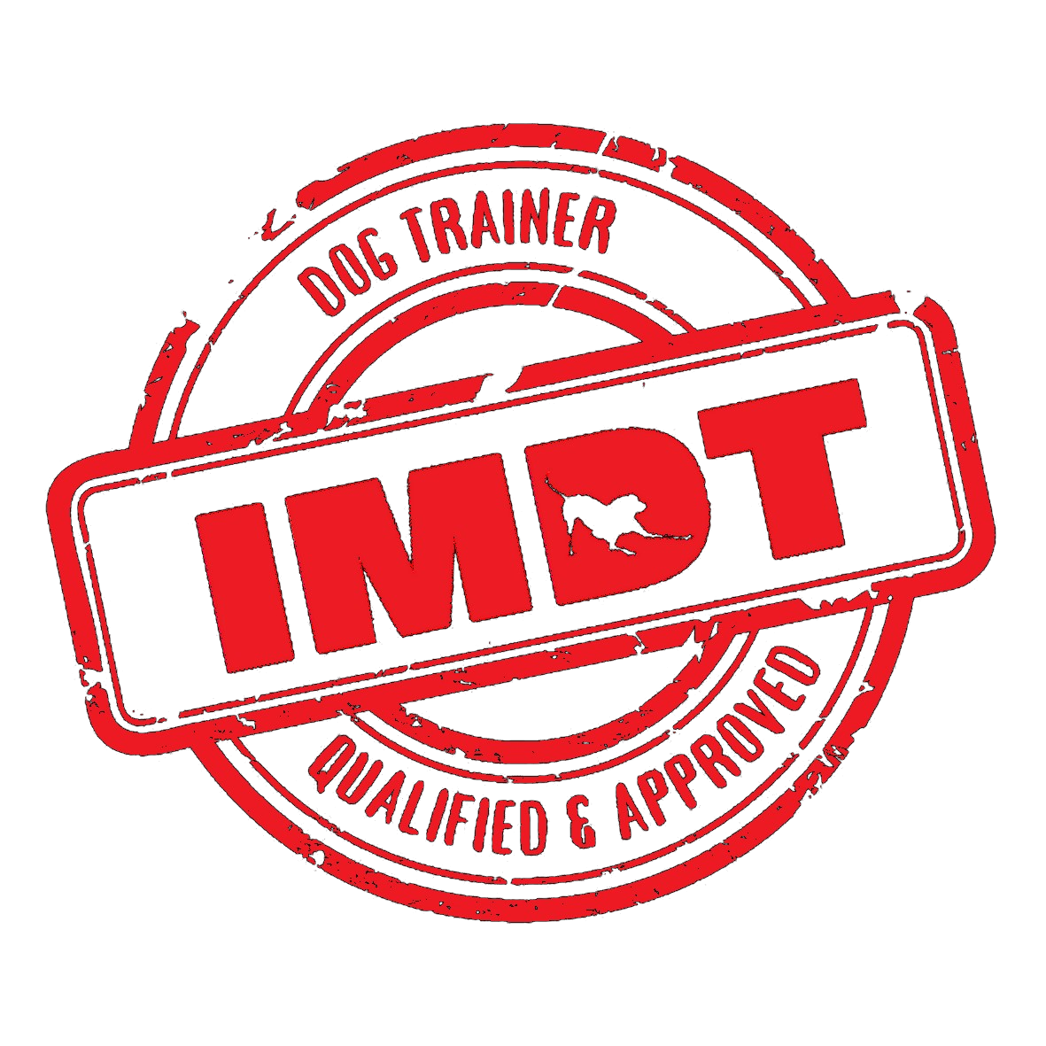 Red and black logo with the text 'IMDT' and a dog silhouette, surrounded by the phrases 'Dog Trainer' and 'Qualified & Approved,' resembling a stamp or badge.