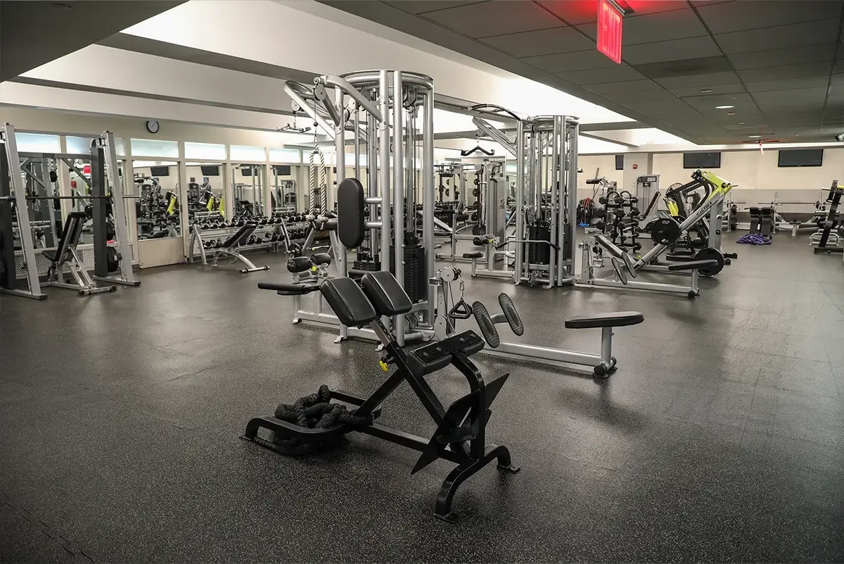 Empty gym with various weight training equipment, exercise machines, and benches in a spacious room with mirrors and large windows.