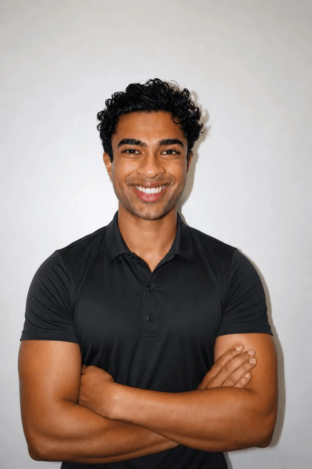 A young man with dark curly hair, smiling, standing with arms crossed in front of a plain white wall, wearing a fitted black polo shirt.