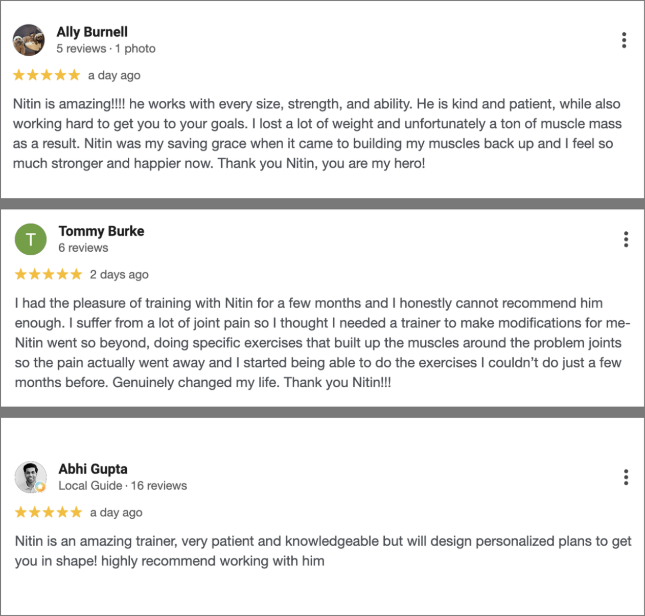 Screenshot of three customer reviews about Nitin, a trainer. The reviews praise Nitin's skills, patience, and effectiveness in helping with weight loss, muscle building, and joint pain relief.