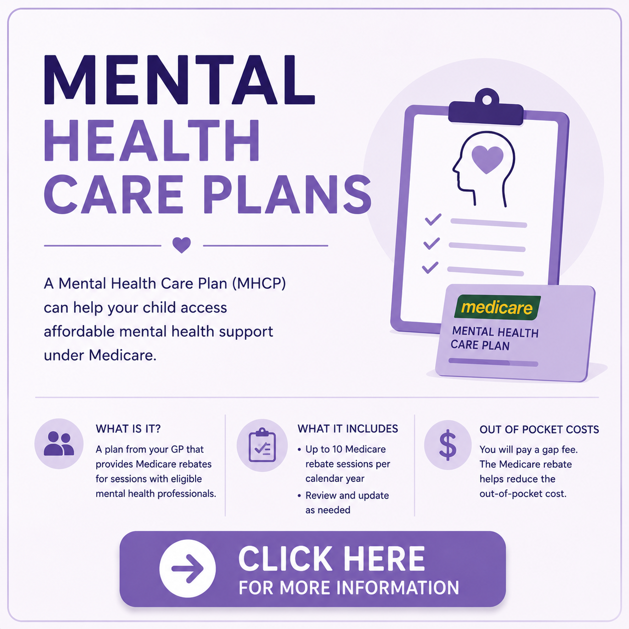 A flyer promoting mental health care plans under Medicare, with icons of a clipboard, a card, and people, and a purple color scheme. The flyer details benefits of accessing affordable mental health support and includes a call-to-action button labeled 'CLICK HERE'.