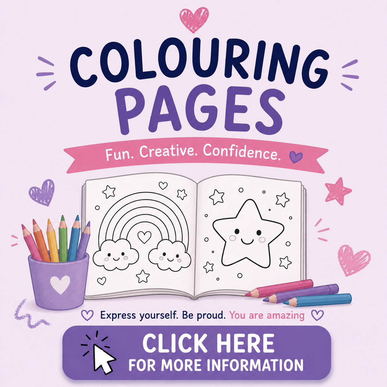 Promotional image for coloring pages with illustrations of a rainbow, clouds, and a smiling star, surrounded by colored pencils and hearts.
