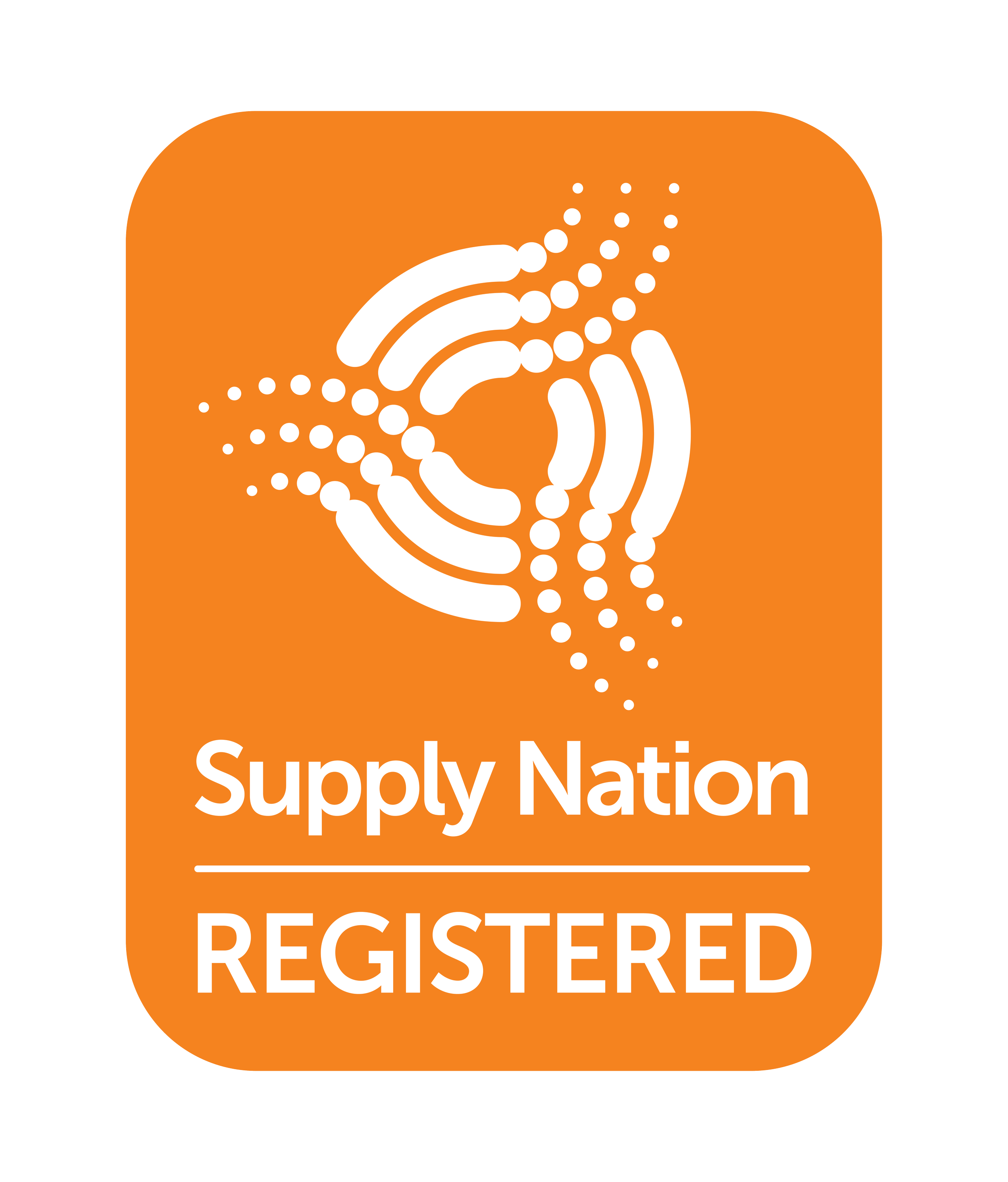 A logo with an orange background featuring a white circular design made up of concentric circles and dots, and the text "Supply Nation REGISTERED" in white at the bottom.