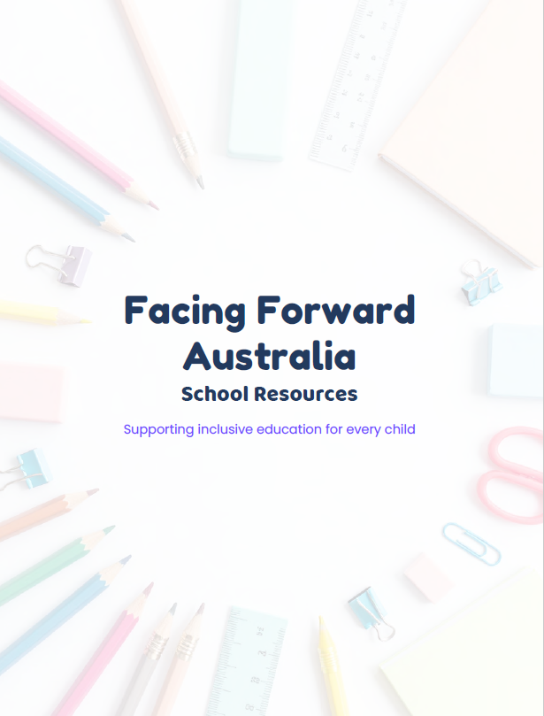 Cover of a school resource booklet titled 'Facing Forward Australia: School Resources' with school supplies like colored pencils, pens, rulers, paper clips, and sticky notes arranged in a circle around the text.