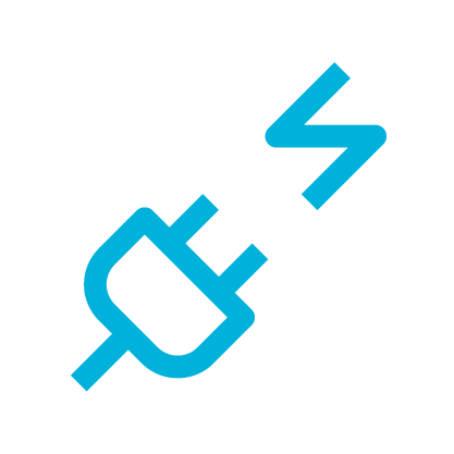 Icon of a power plug and a lightning bolt on a black background.
