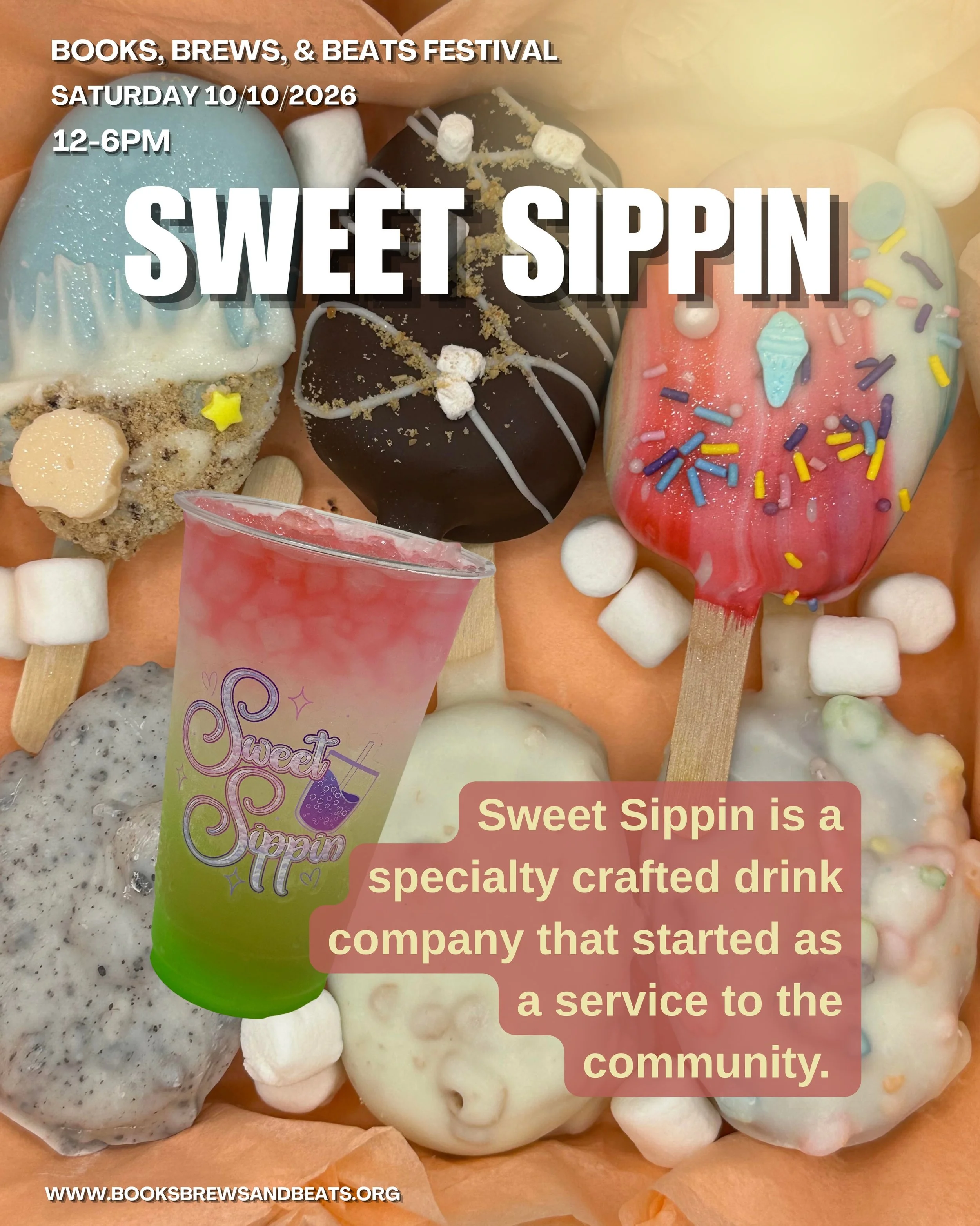 @sweetsippin808 believes that everyone deserves to indulge in a sweet treat 💗✨ 

They craft yummy cake pops and delicious drinks that adhere to dietary restrictions without sacrificing flavor and fun! Come visit them at the @books_brews_beats festiv
