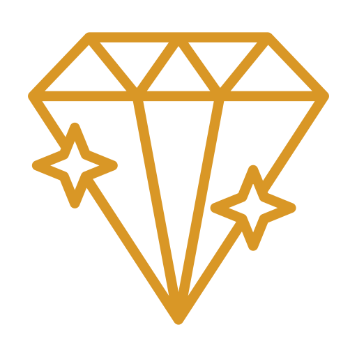 Golden outline of a diamond with two star-like sparkles on either side.