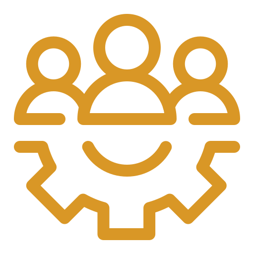 Icon of three people with a gear symbol beneath them, representing teamwork or community management.