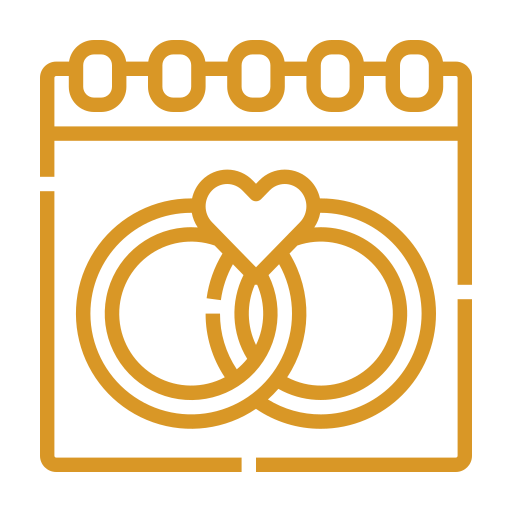 Icon of a calendar with two interlinked wedding rings and a heart above them, symbolizing engagement or wedding event.