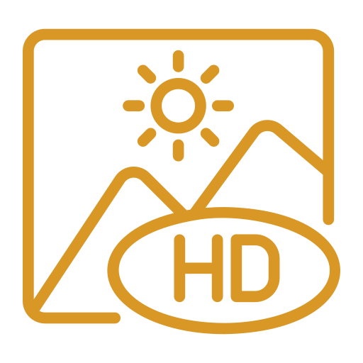 Icon of a mountain landscape with a sun above, labeled HD.