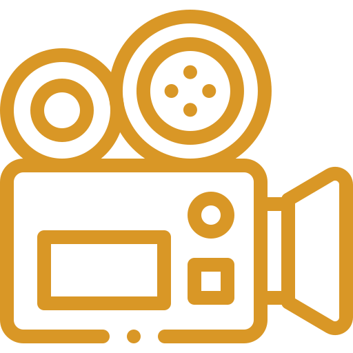 Gold-colored illustration of a vintage film camera with two reels and a viewfinder
