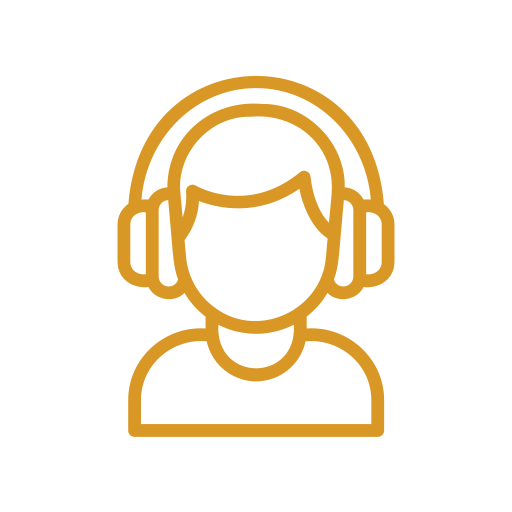 Icon of person wearing headphones, representing customer service or audio listening.