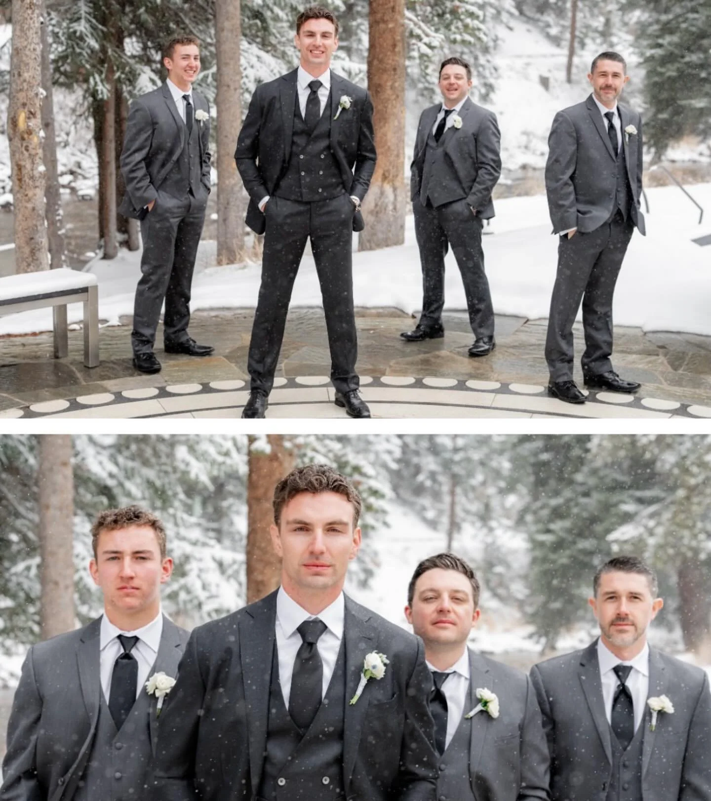 A group of five men dressed in gray suits and black ties, standing in a snowy outdoor setting with snow-covered trees in the background. The men are posing for a photo, with four standing behind and one in front in a close-up.