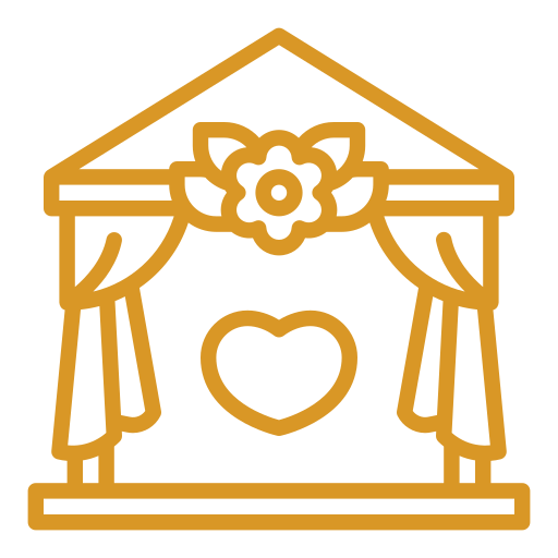 Gold outline of a decorative stage with curtains, a flower at the top center, and a heart in the middle.