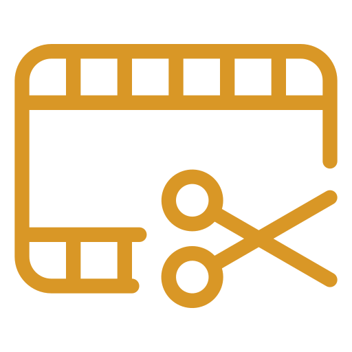 Icon of a film clapperboard with a pair of scissors, indicating video editing or trimming.