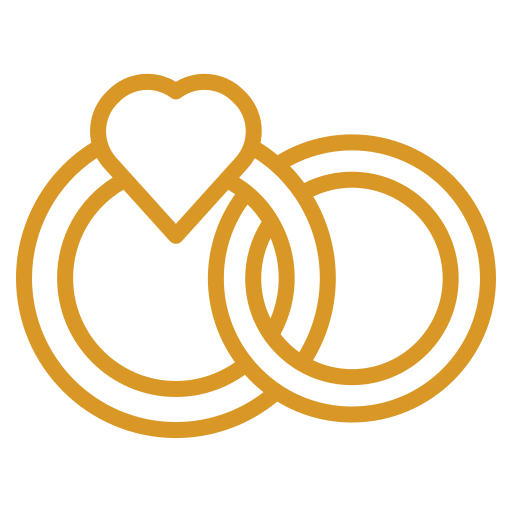 Outline of two wedding rings with a heart-shaped ring above them.