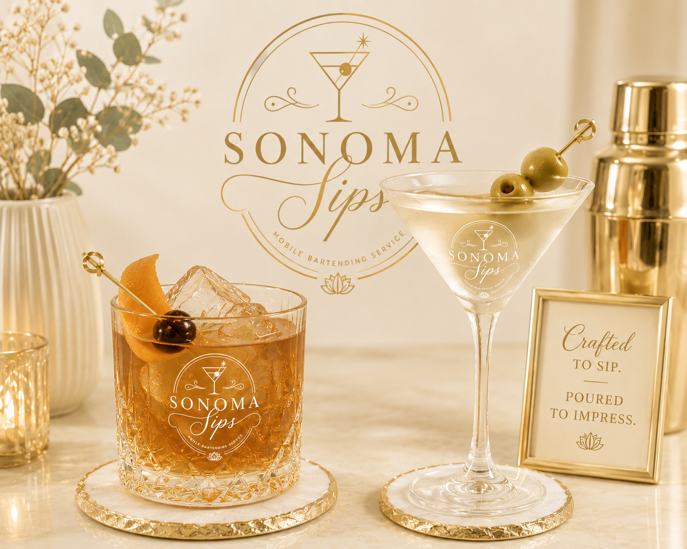 Two crafted cocktails, one with orange peel and cherry garnish and the other with olives, on a bar counter with a sign for Sonoma Sips. The drinks are on matching gold coasters, and there is a framed sign with the quote: 'Crafted to sip. Poured to impress.' in the background.