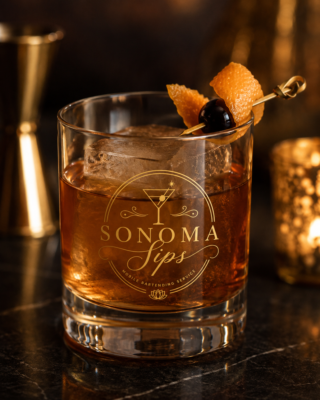 A glass of whiskey with ice, garnished with an orange peel and cherry skewer, on a bar counter with a gold jigger and a candle holder in the background.