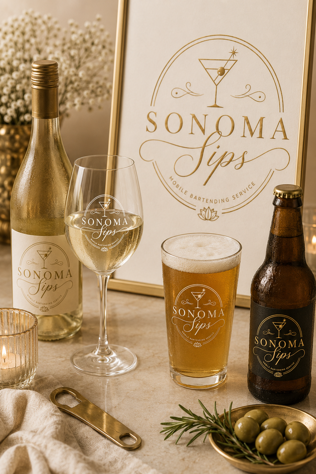 A bottle of white wine, a glass of white wine, a bottle of beer, and a glass of beer, all labeled with 'Sonoma Sips,' along with a framed sign reading 'Sonoma Sips,' a small candle, a brass bottle opener, a beige cloth, a small bowl of green olives with a sprig of rosemary, and a background of white flowers.