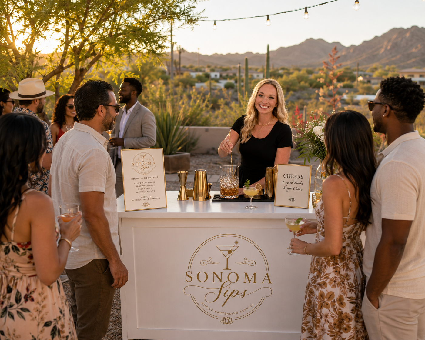 People gathered at an outdoor happy hour with a bartender pouring drinks, sunset sky, mountains in the background, and string lights overhead.